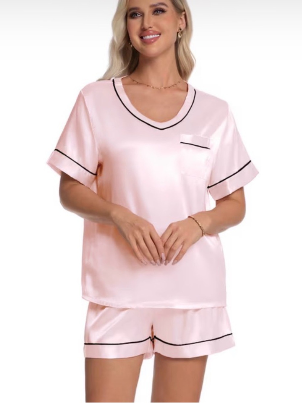 Satin Pink V-Neck Short Sleeve Pajama Set with Black Trim